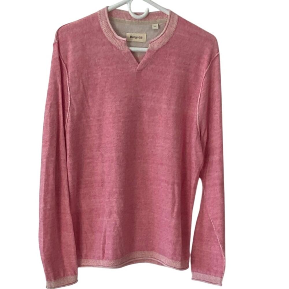 Borgo28 Men's Cotton-Linen Notch Neck Sweater Pink Size Small